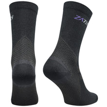 Load image into Gallery viewer, A pair of black Merino Wool Edition by ZaTech® socks on white background. Back left angle.