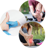 ZaTech® Compression socks. A collage of foot pain caused by Plantar Fasciitis. A woman and a man holding their painful feet and a professional examining a foot.