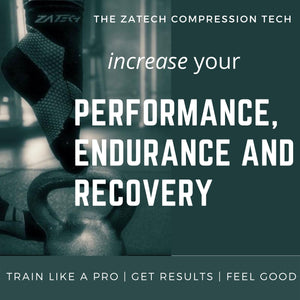 ZaTech plantar fasciitis workout compression socks - image of a  quarter cut edition socks with a kettle bell. Text reads ZaTech compression tech, increase your performance, endurance and recovery; train like a pro, get results, feel good