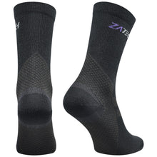 Load image into Gallery viewer, A pair of black Merino Wool Edition by ZaTech® socks on white background. Back left angle.
