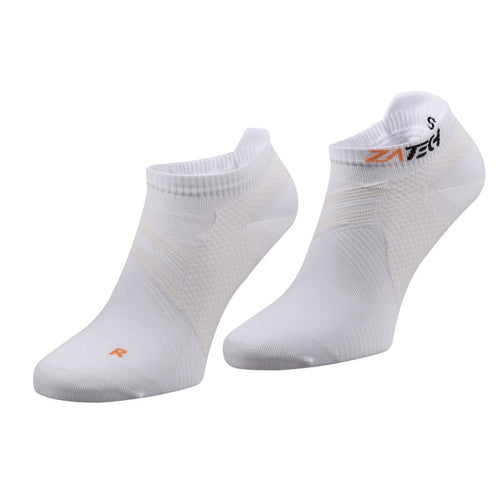 A pair of white Low Cut Edition by ZaTech® socks on white background.