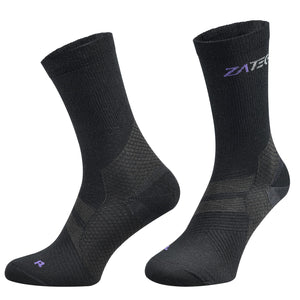A pair of black Merino Wool Edition by ZaTech® socks on white background. Front left angle.