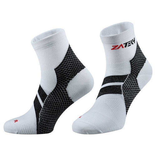 A pair of white Quarter Cut Edition by ZaTech® socks on white background.
